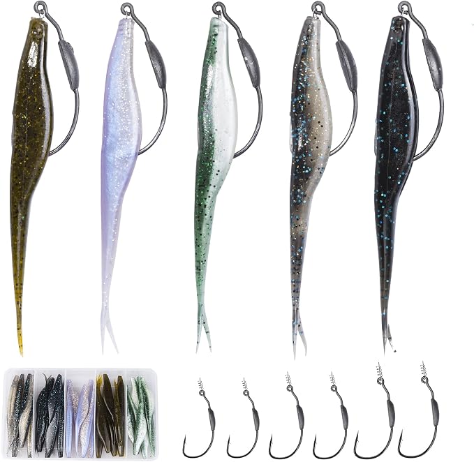 Fishing Bait Soft Plastic Lures 30/50 Pcs, Weighted Hooks 10 Pack & 40-Piece Set, 4in/5in Salty Split Tail Jerk Shad, 3/0 4/0 5/0 Weedless Swimbait Hook for Bass Fishing
