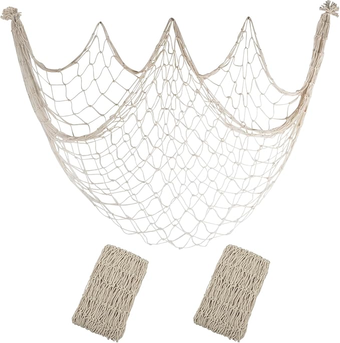 10x5 Feet X-Large Fishing Net Decor for Party - 2 Pack Beige Fish Net Decorations Beach Hawaiian Pirate Under The Sea Party Decorations, 3mm Cotton Fishnet Ocean Nautical Themed Wall Table Decor