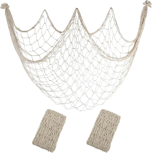 10x5 Feet X-Large Fishing Net Decor for Party - 2 Pack Beige Fish Net Decorations Beach Hawaiian Pirate Under The Sea Party Decorations, 3mm Cotton Fishnet Ocean Nautical Themed Wall Table Decor
