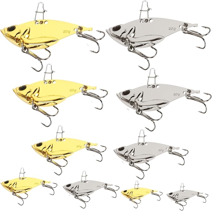 Metal VIB Spinner Blade Baits: 10pcs Blade – Bass & Trout Fishing Lures with Treble Hooks, High-Flash Vibration Hard Baits for Perch Walleye Pike Freshwater Saltwater
