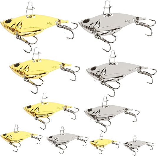 Metal VIB Spinner Blade Baits: 10pcs Blade – Bass & Trout Fishing Lures with Treble Hooks, High-Flash Vibration Hard Baits for Perch Walleye Pike Freshwater Saltwater