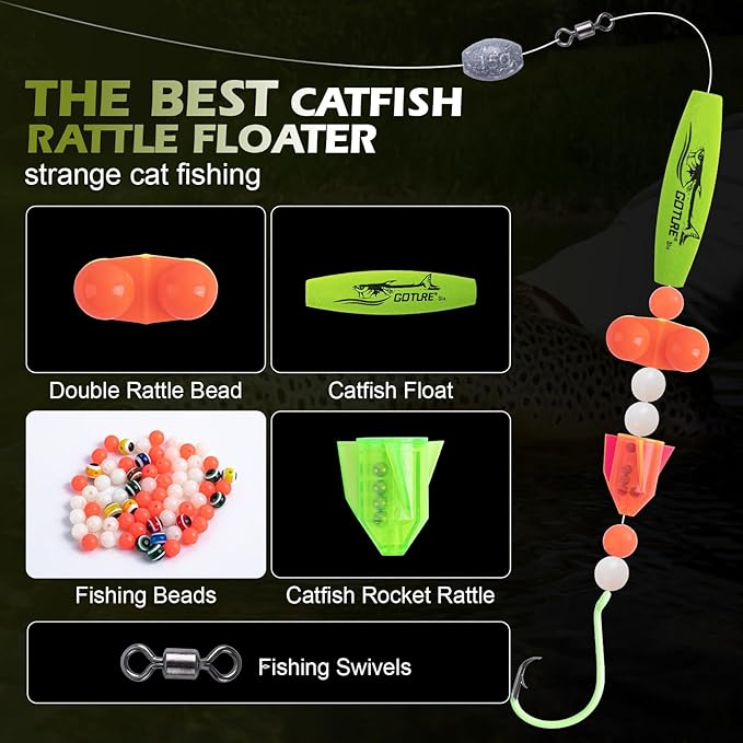 Goture Catfish Rig Making Kit,274pcs/300pcs Catfishing Tackle with Luminous Fishing Hook Swivel Sinker Weights Rattle Float Bobber Stoppers,Catfish Rigs Accessories with 3600 Tackle Box,Gifts for Men