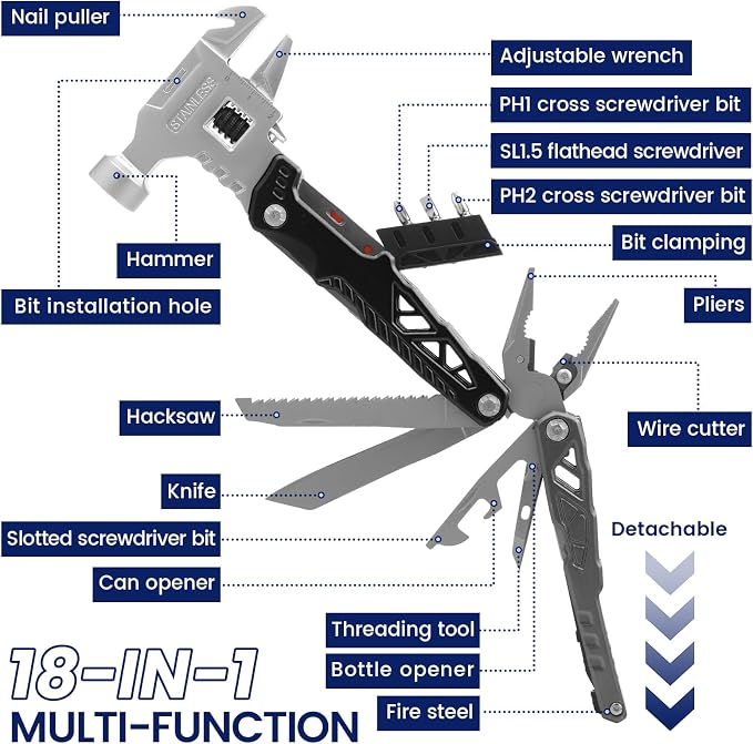 18-in-1 Multipurpose Tool Kit, Survival Camping Gear & Fishing Gifts, Multitool with Hammer, Pliers, Screwdriver and Pocket Knife for Dad Men(Black)