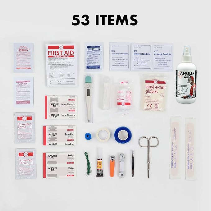Angler Aid First Aid Kit for Boaters and Onshore Anglers, 53 PCS Tools, Fishing First Aid and Essential Boating Tools and Accessories