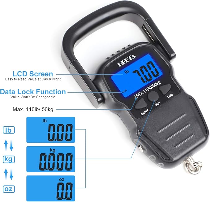 HEETA Fish Scale with Backlit LCD Display, Up to 110lb/50kg Digital Portable Hanging Fish Weight Scale with Hook & Measuring Tape for Home, Farm, Outdoor, Hunting, Fishing, 2 AAA Batteries Included