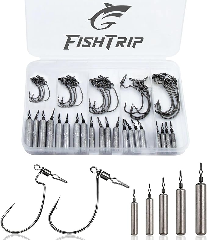 FishTrip 30pcs Swivel Drop Shot Hooks Fishing Rig, EWG Dropshot Hook Rigging for Bass Fishing with Swivel Saltwater Freshwater Sizes 4, 3, 2, 1, 1/0, 2/0, 3/0