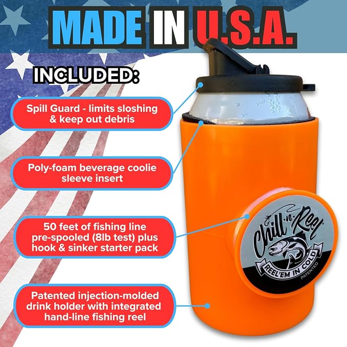 Made in USA | Fishing Can Cooler from Shark Tank | Hard Shell Drink Holder with Hand Line Reel | Fits Most Can Sleeves or Coozies | Unique Fishing Gift for Men | Retail Box Packaging | Orange