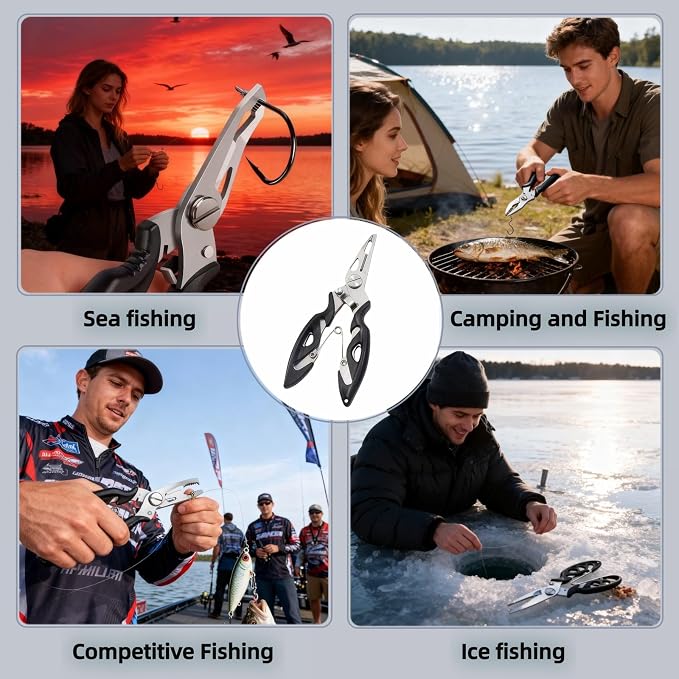 Multitool Fishing Pliers, Stainless Steel Multi-Tool with Spring-Loaded Design, Anti-Slip Grip, Line Cutter, Hook Remover for Saltwater Fishing