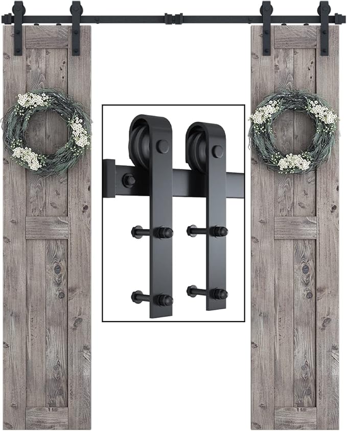 SMARTSTANDARD 6FT Double Barn Door Hardware Kit, Sliding Door Track-Smoothly and Quietly -Includes Detailed Installation Fit 18" Wide Doorpanel (J Shape Hanger) Black