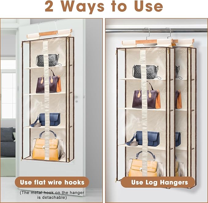 Silkfly 2 Pack Hanging Purse Organizer for Closet Clear Handbag Storage Hanger with Zipper Holder Over The Door Wardrobe Tote Bag Storage Holder for Bedrooms Living Room(Beige)