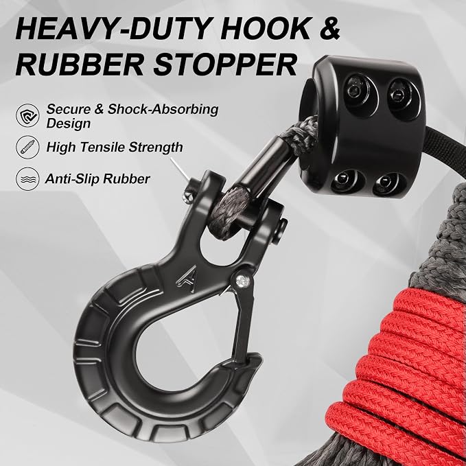 Synthetic Winch Rope Kit - 1/4'' x 50' with 10,000 lbs Breaking Strength, Included Lightweight Winch Rope Winch Stopper and Winch Hook, Easy Installation, Replacement for ATV UTV Boat Truck Winches