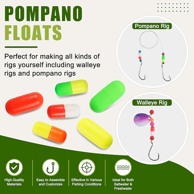 AGOOL Pompano Rigs Fishing Floats Bobbers Snell Float Foam Fishing Rig Floats Live Bait Walleye Rig Making Accessories Bullet Cylinder Float for Trout Catfish