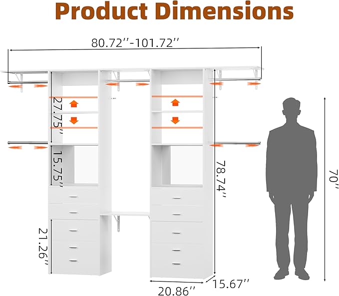 Closet System Set of 2 With Concealable Stool, Closet Organizer System With 8 Wood Drawers, Walk-In Closet Storage System, 10 Adjustable Cloth Garment Rack from 6Ft-10Ft, White