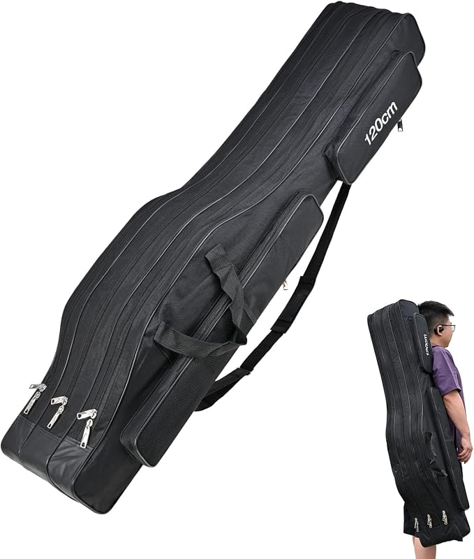 LEOFISHING Portable 3 Layers Fishing Pole Bag Durable Oxford Folding Fishing Rod Reel Carry Case Tackle Storage Bag Case Waterproof Camouflage Travel Fishing Carrier (Black, 120cm/47)