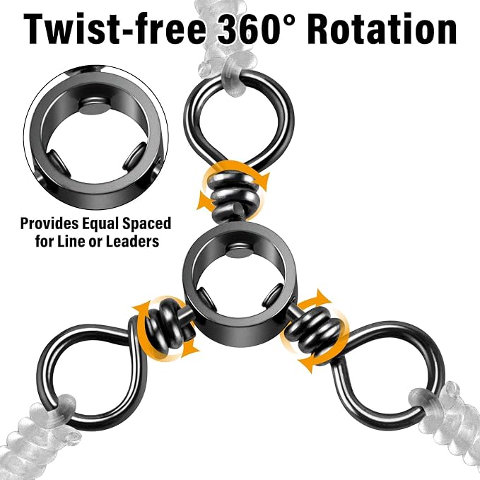 Alwonder 100-Pack 3 Way Swivels Fishing Tackle, 28-143LB Stainless Steel Black Nickel Three Way Swivel Fishing Swivels Connectors Saltwater Freshwater Surf Deep Drop Catfishing Rigs Tackle