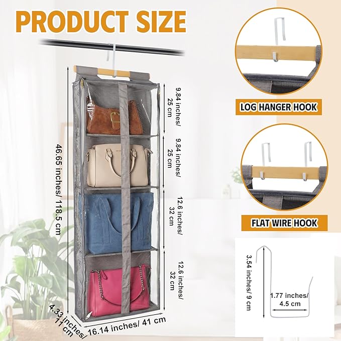 Silkfly 2 Pack Hanging Purse Organizer for Closet Clear Handbag Storage Hanger with Zipper Holder over The Door Wardrobe Tote Bag Storage Holder for Bedrooms Living Room (Brown)