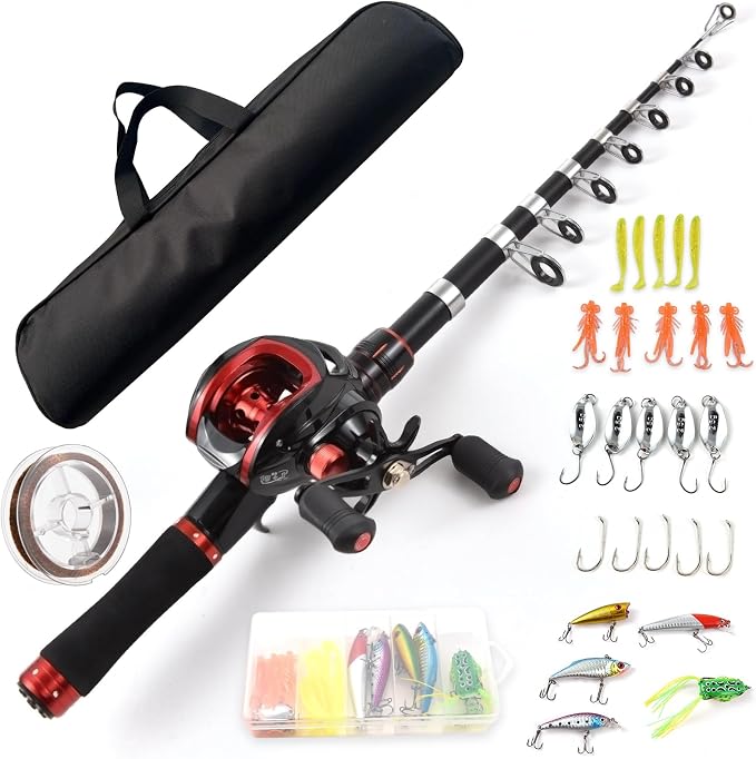 Lixada Fishing Rod and Reel Combo with Fishing Lures for Adult, 6.89ft/2.1m Telescopic Fishing Rod with Baitcasting Reel 18+1BB Right/Left Hand Portable Fishing Kits Complete for Fishing Trip