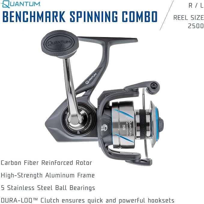 Quantum Benchmark Spinning Reel and Fishing Rod Combo, Graphite Composite Blank, 5+1 Bearings, Silver/Blue