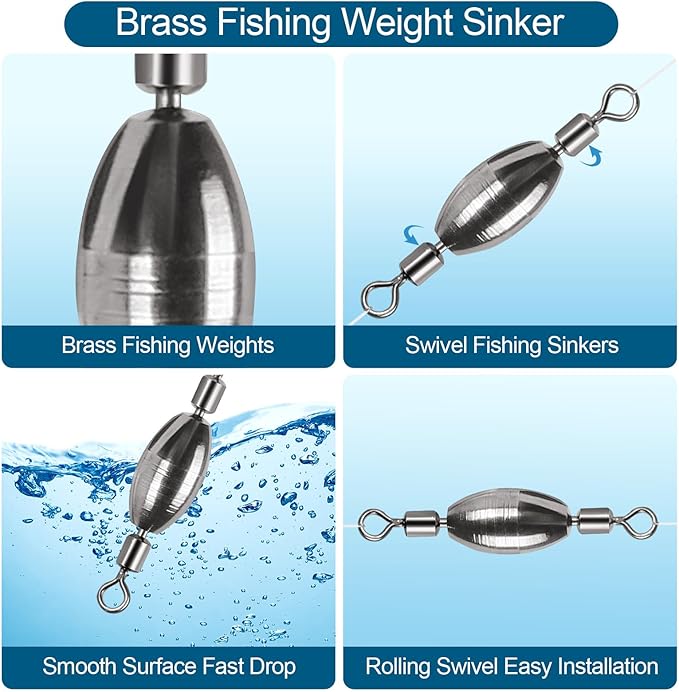 34Pcs Fishing Weights Swivel Brass Sinkers Fishing Weight, Bullet Sinker Weight Kit Tackle, Rolling Swivel Saltwater Freshwater Drop Shot Weights
