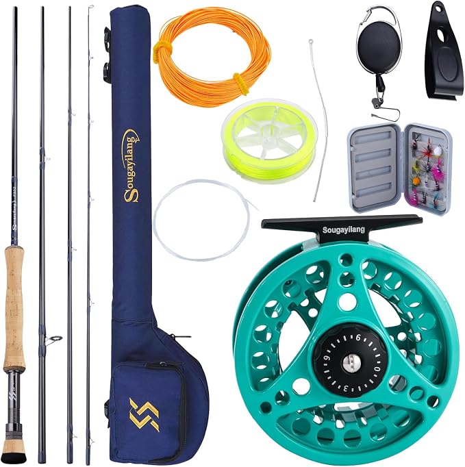 Sougayilang 5/6 Weight 9ft Fly Rod, 4-Piece Graphite Rod, Die Cast Aluminum Reel, Carrying Case, Fly Box & Fishing Flies Combo Starter Kit