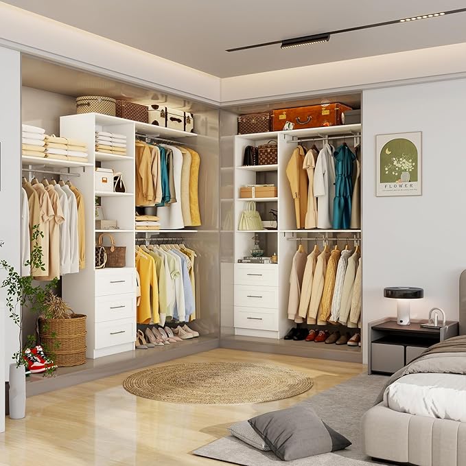 Closet System with Drawers, 5FT-8FT Closet Organizer System with Shelves & Adjustable Hanging Rods, 96" Walk in Closet System Storage Wood, White