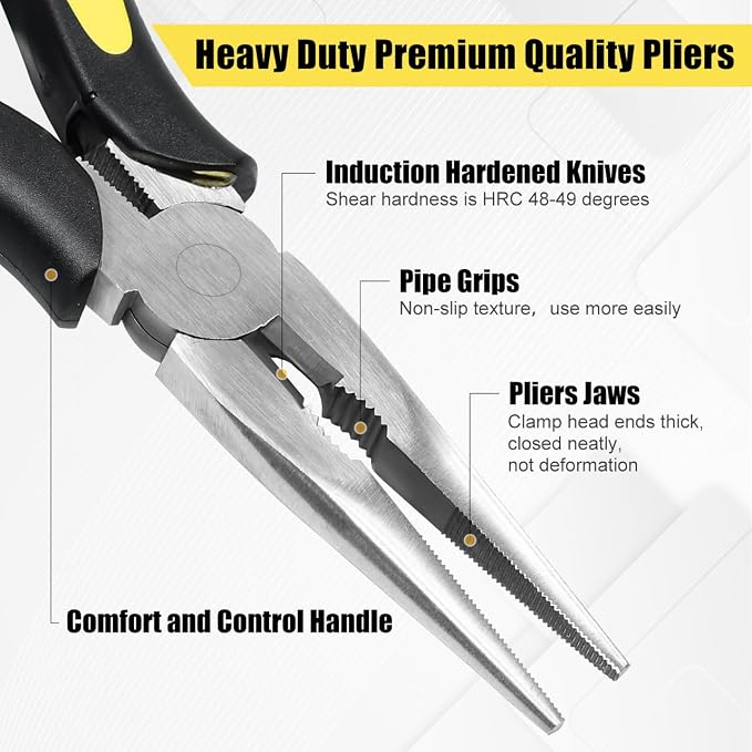 Premium Long Needle Nose Pliers-8’’, Paper Clamp Precision, High Carbon Steel, Soft Grip with Wire Cutter, Long Nose Cutting Pliers for Home, Fishing, Jewelry, Crafts,1pcs