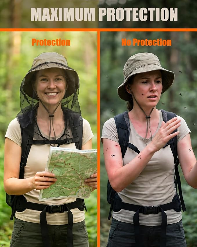 Mosquito Head Net, 2 Pack Ultra Fine Ice Silk Cooling Breathable Soft Large Long Mesh for Outdoors, Fits Most Hats