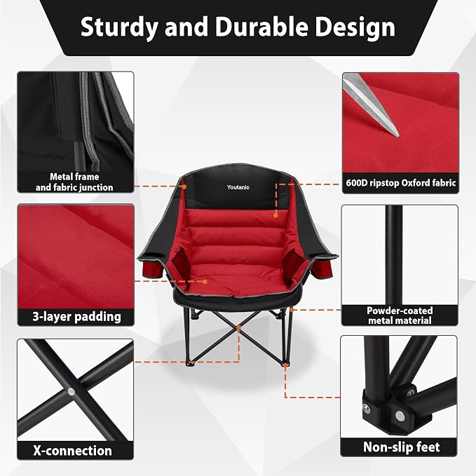 Youtanic Oversized Extra Large Padded Camping Chair, up to 400lbs, Folding Camping Chairs with Side Pocket, Carry Bag, Heavy Duty Outdoor Camp Chairs for Adults, Fishing, Sports, Trip, Red-Black