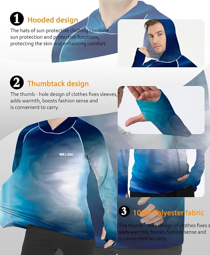 Men's UPF 50+ Sun Protection Hoodie Shirt Long Sleeve SPF Fishing Outdoor UV Hiking Lightweight Shirts