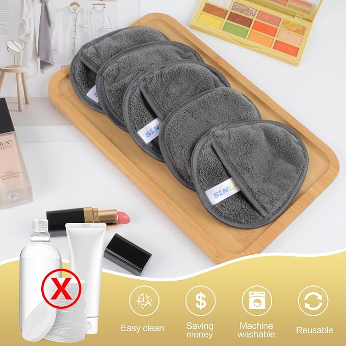 SINLAND Reusable Makeup Remover Pads For Face,Eye,Lips Microfiber Gentle Facial Cleansing Cloths for All Skin Types Friendly for Makeup Remover With Laundry Bag 5.1inchx3.93inch Grey Pack of 12