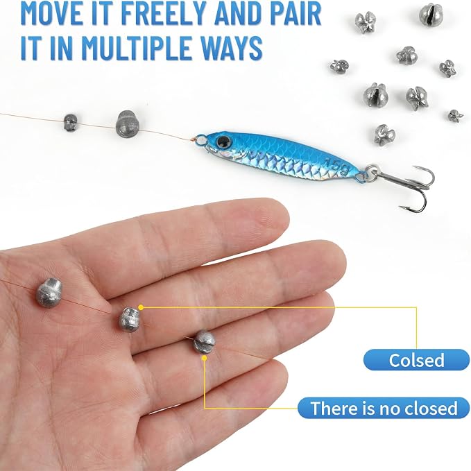 Caleb 200/320Pcs Split Shot Fishing Weights Sinkers, Removable Lead Fishing Weights, Premium Duckbill Reusable Fishing Sinkers for Freshwater Saltwater Bass Trout Fishing Accessories - 5/6 Sizes