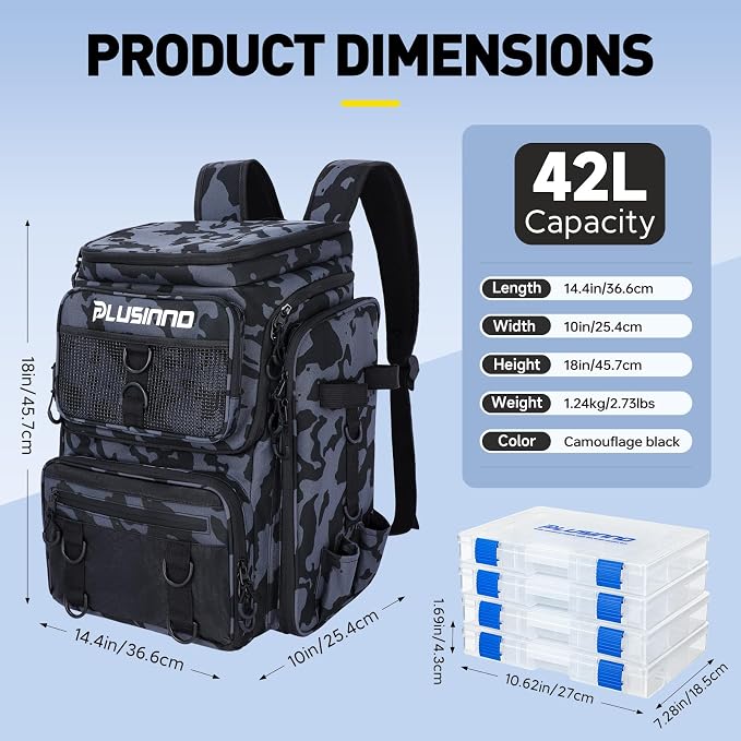 PLUSINNO Fishing Tackle Backpack with Rod Holders，42L Water-resistant Fishing Bag Store Fishing Gear,Fishing Gifts For Men.