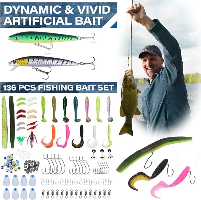 Fishing Backpack with Tackle Boxes,Waterproof Fishing Shoulder Bag for Fishing Gear,Fish Bag with 136 Pcs Fishing Lures Kit,Fish Hook Remover Tool,Fish Lip Gripper,Fishing Plier,Gifts for Men (Black)