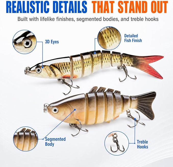 SANWEAL 6PCS Multi Jointed Fishing Lures Kit, 2 Size Slow Sinking Swimbait Hard Baits with 3D Eyes and Treble Hooks, Segmented Baitfish Artificial Fishing Bait for Bass Trout Freshwater Saltwater