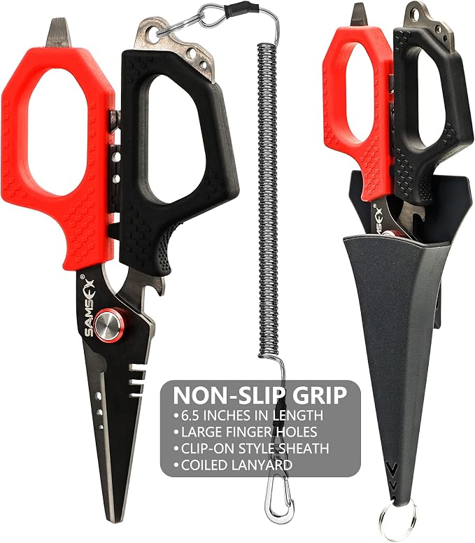 SAMSFX 6.5" Pro Fishing Shears Dual Serrated Blades, Fishing Braided Line Scissors with Titanium Coating, Non-Slip Grip & Multifunction Tool, Includes Hard Molded Locking Sheath & Coiled Lanyard
