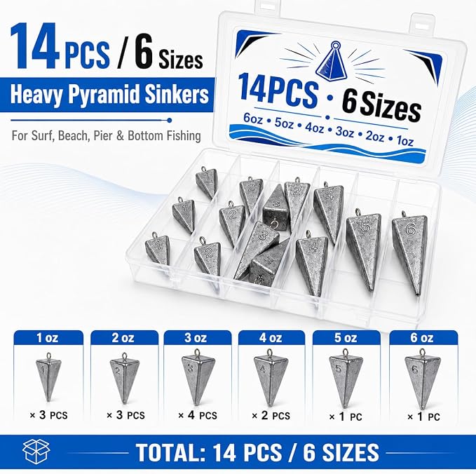 SANWEAL Pyramid Sinkers Fishing Weights, 6/14Pcs 4/6 Sizes 1oz-6oz Lead Fishing Sinkers for Surf Fishing, Anti-Roll Triangle Sinkers for Saltwater Freshwater Bottom Fishing, Catfish Pompano Rigs