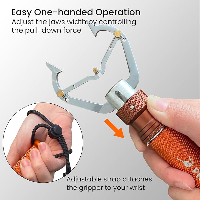 Pristis Metal Fishing Grabber, Locking Fish Lip Gripper with Lightweight Aviation Aluminum Handle, Heavy Duty Stainless Steel Grab Grip Tool Tackle, Rotating Hook Remover Holder Freshwater Saltwater