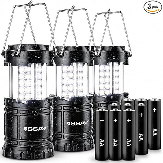 SSAV LED Camping Lantern, Emergency Lanterns for Power Outages & Hurricane Preparedness, Collapsible Portable Survival Lights for Camping, Storms & Emergencies, Batteries Included (3, Black)