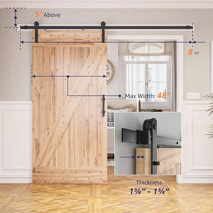 SMARTSTANDARD 8ft Barn Door Hardware Kit, Sliding Door Hardware Kit, Smoothly & Quietly - Heavy Duty Sturdy - Easy to Install, Fits 42"-48" Wide Door Panel (I Shape)