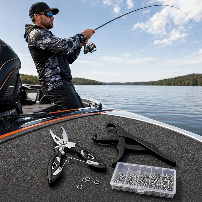 200PCS Fishing Split Rings Kit, Split Ring Pliers & 4.7'' Fish Lip Gripper, 5 Sizes Heavy Duty Stainless Steel Lure Hook Connectors, 30-120lb Tackle Assortment for Saltwater Freshwater Fishing