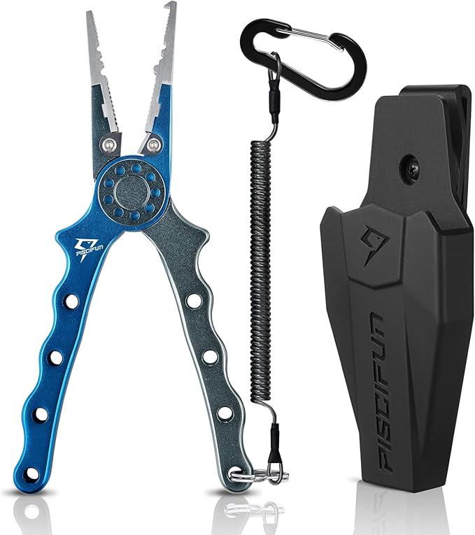 Piscifun Fishing Pliers, Saltwater Fishing Pliers with Split Ring, Fish Hook Remover, Corrosion Resistance Fly Fishing Pliers with Braid Cutters, Sheath and Lanyard, Fishing Gear Gifts for Men