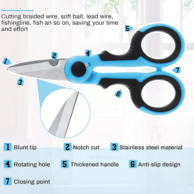 Honoson 2 Pcs 5.7" Fishing Scissors Braided Line Cutters Fishing Heavy Duty 3cr13 Non Slip Serrated Edge Scissors Saltwater Freshwater Braid Multi Function Snips for Trimming (Blue Black)