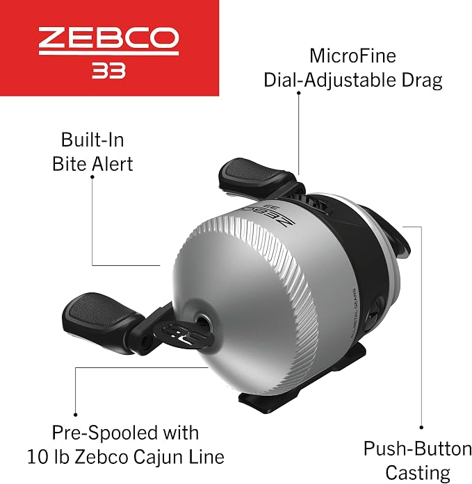 Zebco 33 Spincast Fishing Reel, Size 30 Reel, Right or Left-Hand Retrieve, 10-Pound Zebco Cajun Fishing Line, Graphite Frame Silver/Black