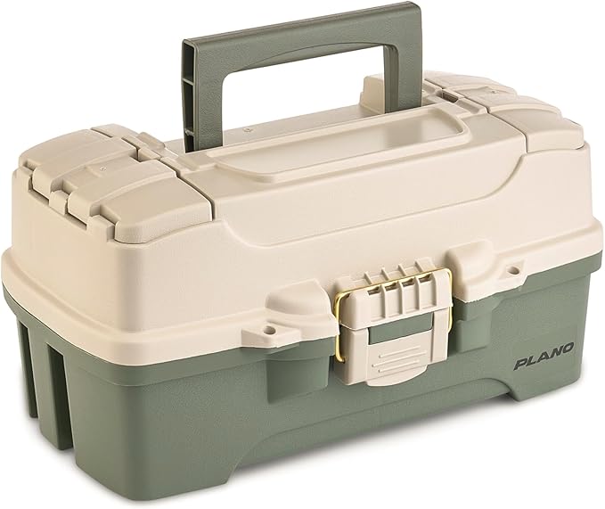 Plano One-Tray Tackle Box, Green/Tan, Rust-Proof Brass Latch, Top-Access Tray with Deep Storage, Made in the USA, Portable Fishing Gear Storage Organizer