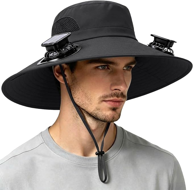 Solar Powered Fan Hat for Men Women Wide Brim Hat with 2 Fans UPF 50+ Outdoor Fishing Beach Sun Hat