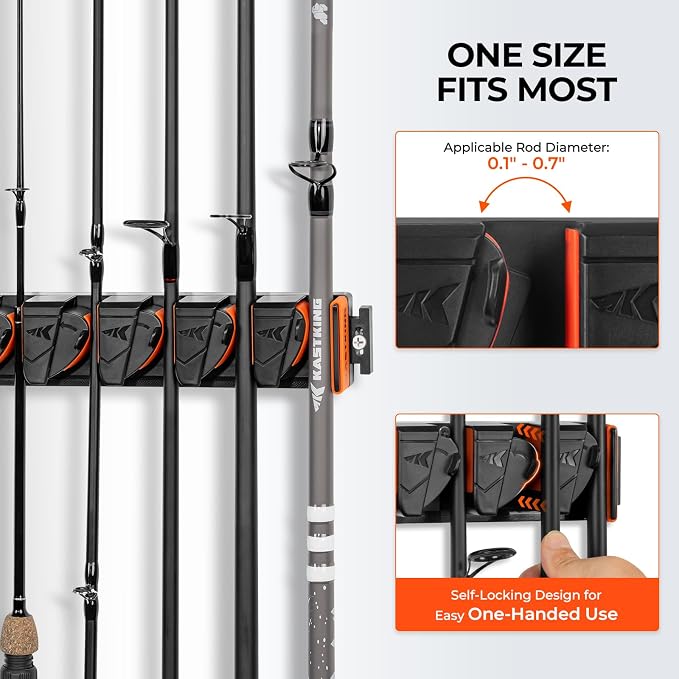 KastKing GravityLock V9 Vertical Fishing Rod Holder, Wall Mounted Fishing Rod Rack, Holds up to 9 Fishing Rods or Combos, Heavy-Duty Grip, One size Fits Most, Fishing Rod Holders for Garage