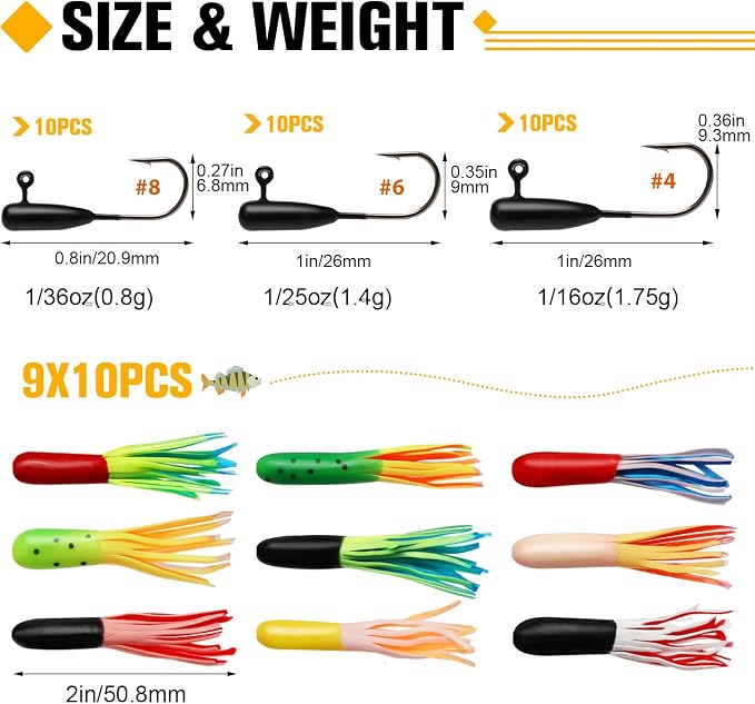 Dovesun Crappie Lures with Jig Heads Kit, Soft Plastic Grubs-Tube Baits 1/8oz 1/16oz 1/32oz Crappie Jigs Walleye Trout Bass Crappie Baits 95-120pcs