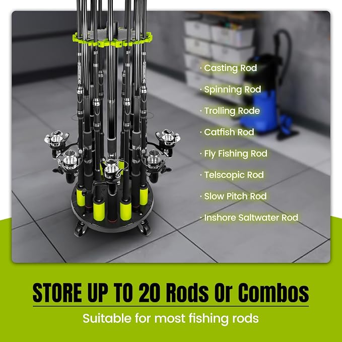 Hikeen Fishing Rod Holder for Garage, Fishing Pole Holders Rod Rack, Holds up to 20 Rods with Rolling Wheels, Fishing Gear Equipment Storage Organizer