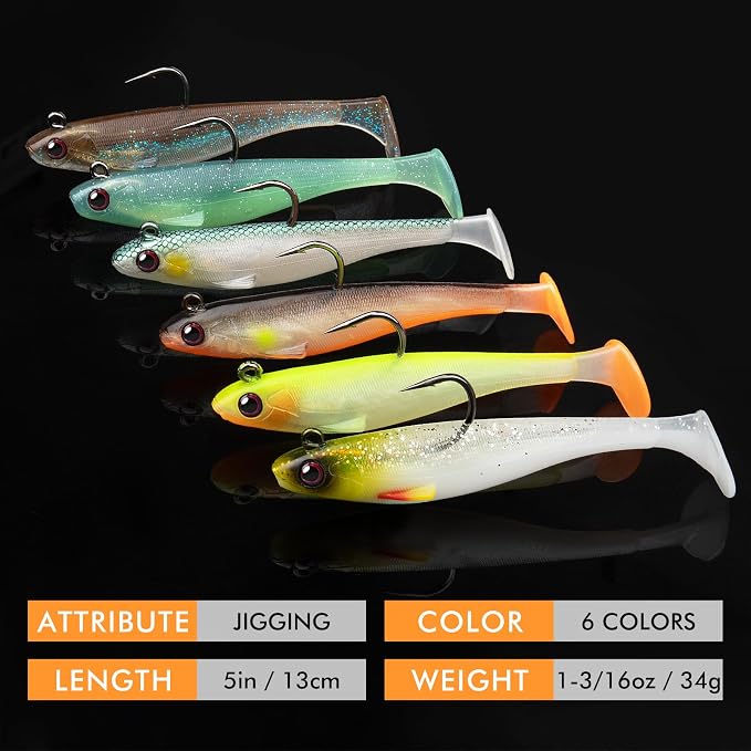 TRUSCEND Shadtale Easy Catch Soft Fishing Lures with BKK Hooks - Trembly Sinking and Vibrating Swim for More Bites, Pre-Rigged Swimbaits for Bass, Trout, Crappie, Walleye, Freshwater Saltwater Fishing