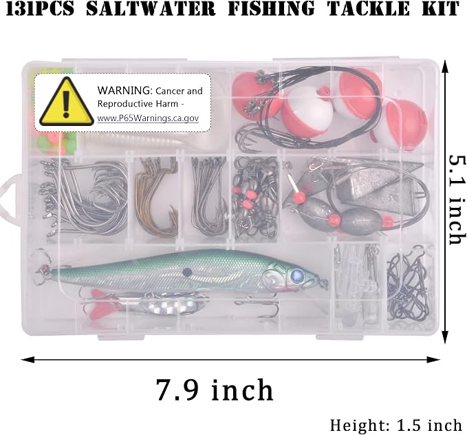 Saltwater Fishing Tackle Kit,131pcs Surf Fishing Gear with Saltwater Fishing Lures Fish Finder Rigs Pyramid Sinkers Hooks Swivels Wire Leaders Spoon Lure Bobbers Various Accessories